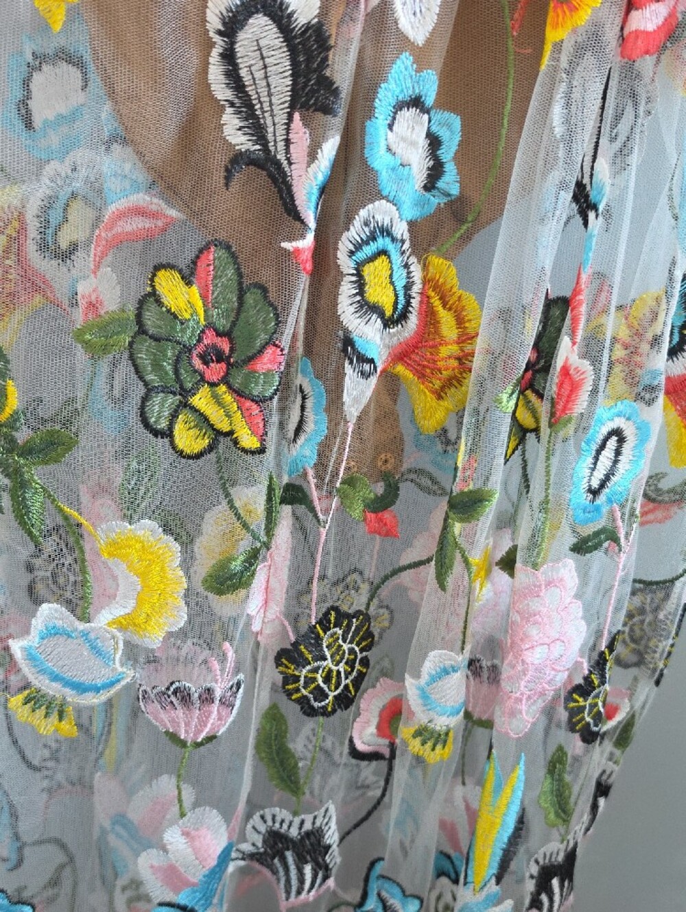 Embroidered Floral Sheer Maxi Dress in Tan with Multicolor Blooms - Picture 5 of 11